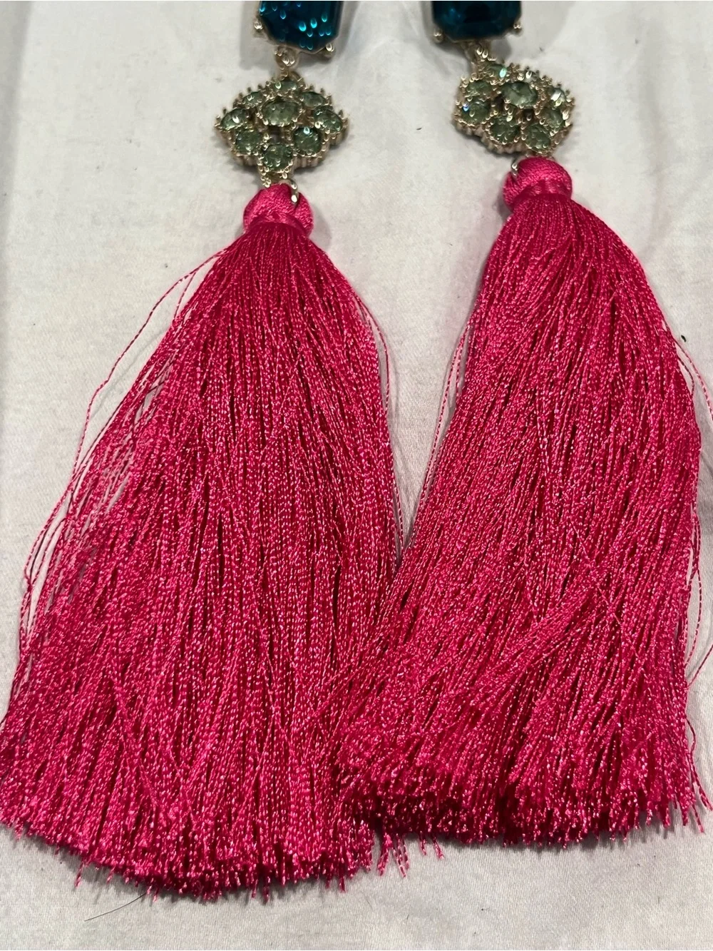 Bright Pink Tassel Drop Earrings with Teal Crystal Accents New Never Worn